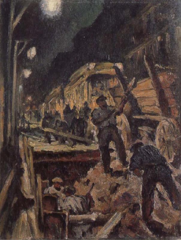 Waldemar Rosler U-train-building in night oil painting picture